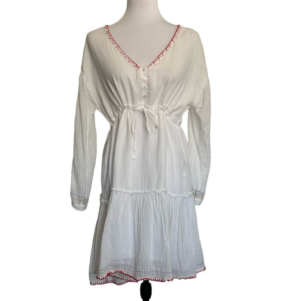 Sundry White Dress Draw String Waist Rainbow Threaded Long Sleeve Size 2 Medium